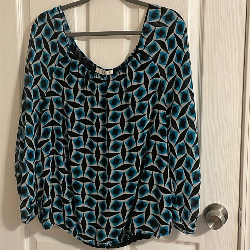 EUC~Woman’s Large Chaus New York Black/White & Teal Designed Long Sleeve Blouse
